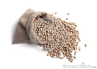 Feed for livestock. A bag. Large granules crumbled. Stock Photo