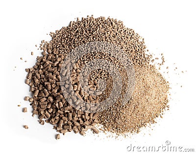 Feed for livestock. Three kinds of pellets Stock Photo