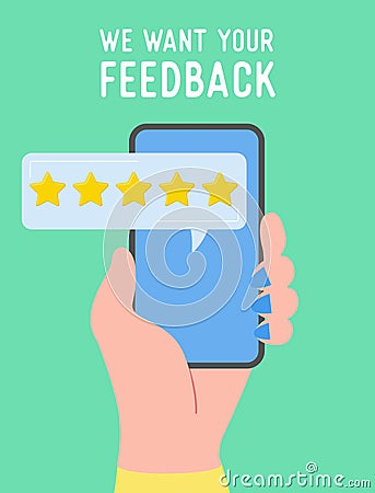 Feedback concept illustration. People holding phone and rate service, user experience. Five stars positive opinion, good review Vector Illustration