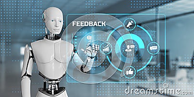 Feedback customer satisfaction review. Robot pressing button on virtual screen. 3d render Stock Photo