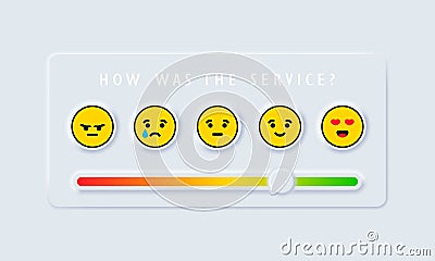 Feedback emoji slider. Reviews or rating scale with emoji representing different emotions. Level of satisfaction rating. Vector Vector Illustration