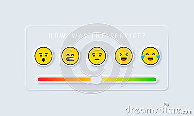 Feedback emoji slider. Reviews or rating scale with emoji representing different emotions. Level of satisfaction rating. Vector Vector Illustration
