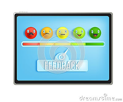 Feedback emotion bar, customer satisfaction level dial, vector multicolored vector faces, tablet screen. Vector Illustration