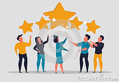 Feedback from employees with the leader of the company. Evaluation of users of a service or service. People rate five, vector Vector Illustration