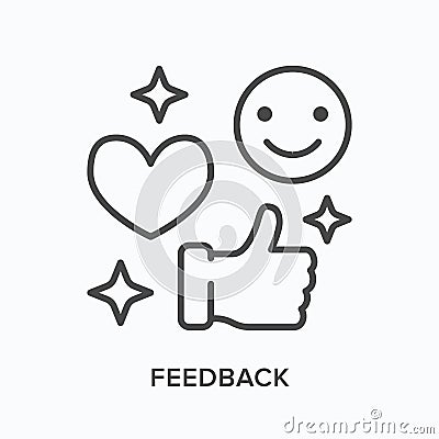 Feedback flat line icon. Vector outline illustration of customer satisfaction. Like, emotion, thumb up reaction thin Vector Illustration