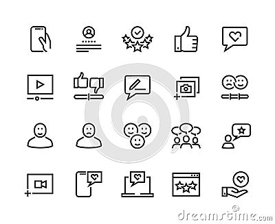 Feedback line icons. Customer review and questionnaire list outline pictograms. Vector user experience and opinion test Vector Illustration