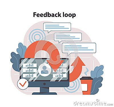 Feedback loop concept. Desktop displays data analysis while continuous Vector Illustration