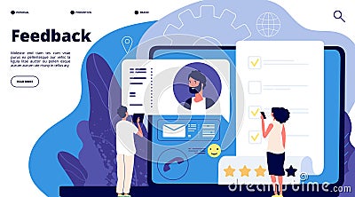 Feedback rating concept. Online customers product review, mobile survey. Client satisfaction rate. Vector landing page Vector Illustration