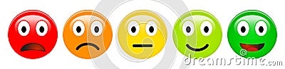 Feedback rating scale of red, orange, yellow and green emoticons, 3d Smiley icons in different colours. Stock Photo