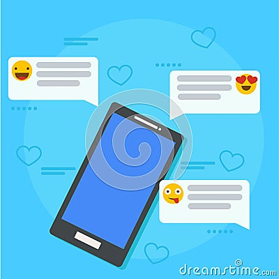 Feedback and testimonials banner. Phone with reviews, emoticons and comments. Cartoon Illustration