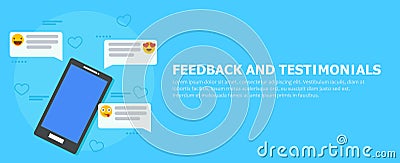 Feedback and testimonials banner. Phone with reviews, emoticons and comments. Cartoon Illustration