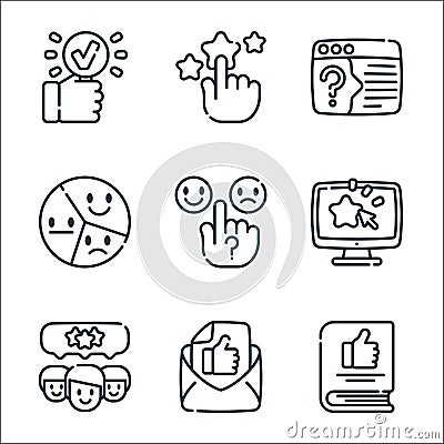 Feedback and testimonials line icons. linear set. quality vector line set such as book, email, rating, choice, pie chart, question Vector Illustration