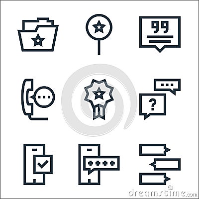 feedback and testimonials line icons. linear set. quality vector line set such as chats, smartphone, smartphone, help, medal, Vector Illustration