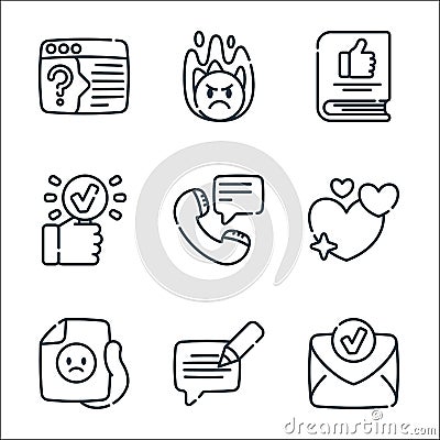 Feedback and testimonials line icons. linear set. quality vector line set such as mail, feedback, bad review, love, phone call, Vector Illustration