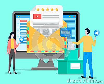 Feedback to users customers of website, analysing consumer demands, rating stars increase popularity Vector Illustration