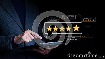 Feedback user give rating to service excellent experience on tablet application, Client evaluate quality of service reputation Stock Photo