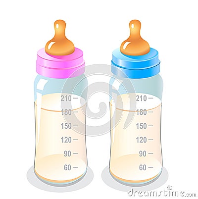 Feeding bottle. Illustrations on a white background. Blue bottle. Pink bottle. Vector Illustration