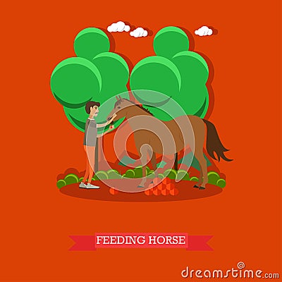 Feeding horse vector illustration in flat style Vector Illustration