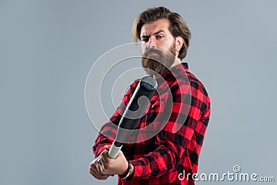 Feel the confidence. emotion control concept. brutal bearded man using baseball bat for fighting. man swung the bat Stock Photo