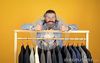 feel extraordinary. bearded hipster use apparel in male atelier. male wardrobe concept. brutal handsome man with Stock Photo
