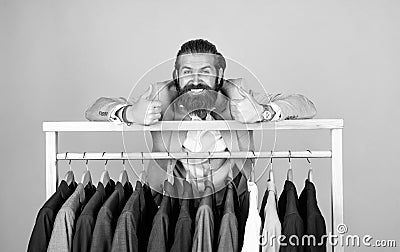 feel extraordinary. bearded hipster use apparel in male atelier. male wardrobe concept. brutal handsome man with Stock Photo