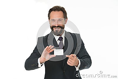 Feel free to contact me. Businessman happy hold plastic blank white card. Business man carries credit card. Banking Stock Photo