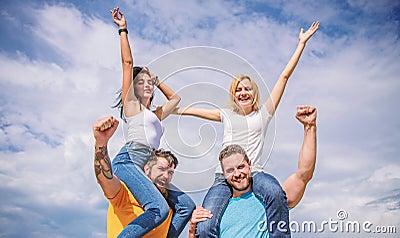 Feel freedom. Cheerful couples dancing. Friends having fun summer open air festival. Men and women enjoy music festival Stock Photo