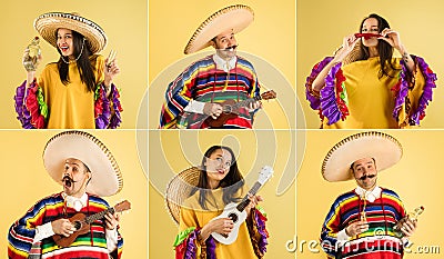 Collage of young people, man and woman in mexican clothes isolated over yellow background Stock Photo