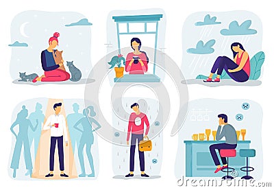 Feel lonely. Loneliness feelings, feeling isolated and fear of being alone vector illustration set Vector Illustration