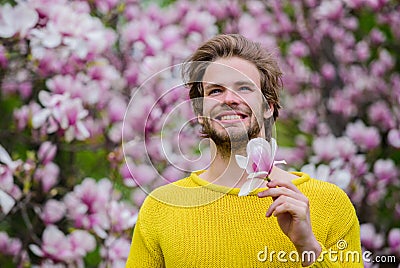 Feel refreshed. Womens day. man natural seasonal background. spring holiday. Mothers day gift. sakura smell. enjoy good Stock Photo