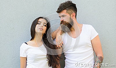 Feel their style. Couple white shirts cuddle each other. Hipster bearded and stylish girl hang out urban romantic date Stock Photo