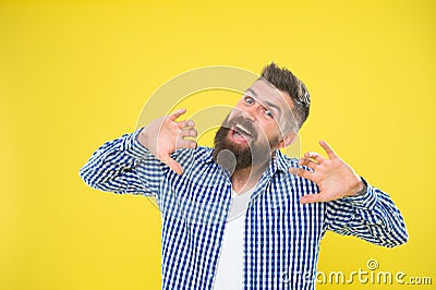 Feeling awesome. Beard fashion and barber concept. Man bearded hipster stylish beard yellow background. Barber tips Stock Photo