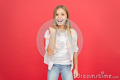 Feeling awesome. Positive emotions concept. Happy childrens day. Being happy every day. Schoolgirl casual style Stock Photo