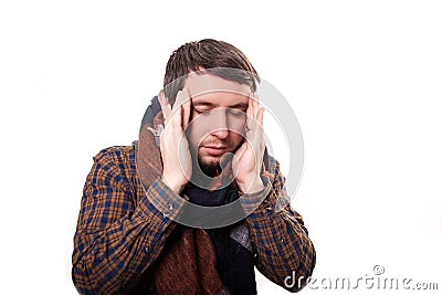 Feeling awful headache. Frustrated mature man touching his head with fingers and keeping eyes closed while standing Stock Photo