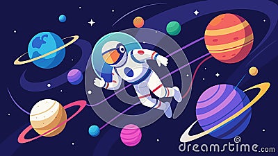 The feeling of being an astronaut floating in space and surrounded by floating planets of data that can be explored and Vector Illustration