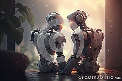 Feeling development in artificial intelligence concept with pair of robots on a beach. Created with Generative AI technology Stock Photo