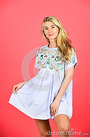 Feeling flirty. summer dress female collection. stylish makeup for her. sexy blonde on pink background. hairdresser Stock Photo