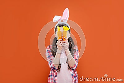 Feeling joy about holiday. happy easter. childhood happiness. child in rabbit costume Stock Photo