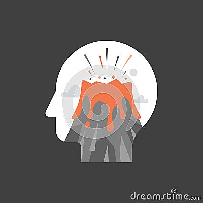 Feeling mental tension, destructive thoughts, experiencing stress, panic attack, hysteric behavior, volcano eruption in head Vector Illustration