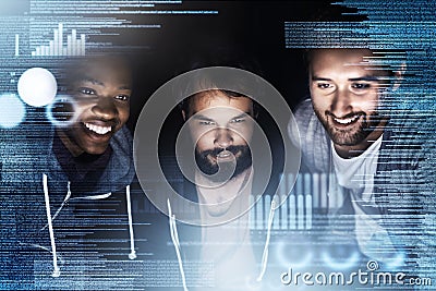 Feeling positive about programming. young computer programmers working on source code. Stock Photo