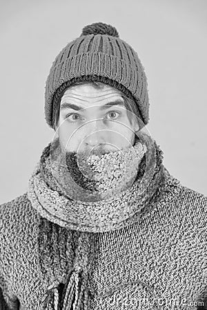 Feeling sick and cold. he caught a cold. male knitwear fashion. men knitted accessory. poor homeless man. frozen man Stock Photo