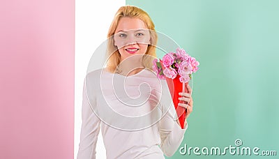 Feeling so special. Girl holding bouquet flowers enjoy favorite fragrance. Lady happy received favorite flowers as gift Stock Photo