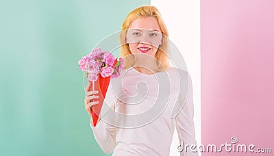 Feeling so special. Girl holding bouquet flowers enjoy favorite fragrance. Lady happy received favorite flowers as gift Stock Photo