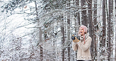 Feeling warm and happy. hobby time outdoor in winter day. admiring winter mountain landscape. Happy tourist woman in Stock Photo