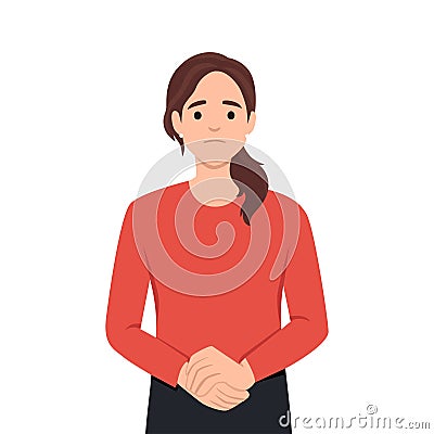 Feeling worried and frustration concept. Young irritated frustrated woman cartoon character standing touching chick looking at Vector Illustration