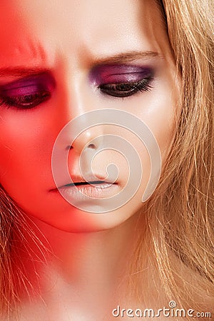 Feelings, emotional frown model face with make-up Stock Photo