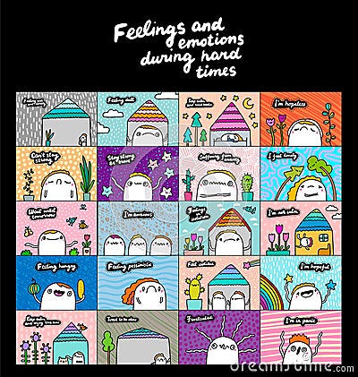 Feelings and emotions while hard times hand drawn vector illustrations in cartoon comic style set of people in isolation Vector Illustration