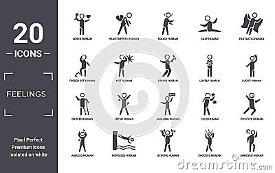 feelings icon set. include creative elements as loved human, fantastic human, lovely human, amazing hopeless broken filled icons Vector Illustration