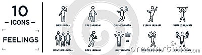 feelings linear icon set. includes thin line bad human, drunk human, pumped human, sore surprised super content icons for report, Vector Illustration