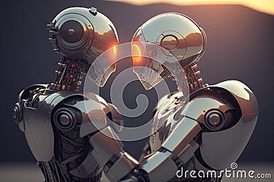 Feelings and senses in artificial intelligence concept with robots in love. Created with Generative AI technology Stock Photo